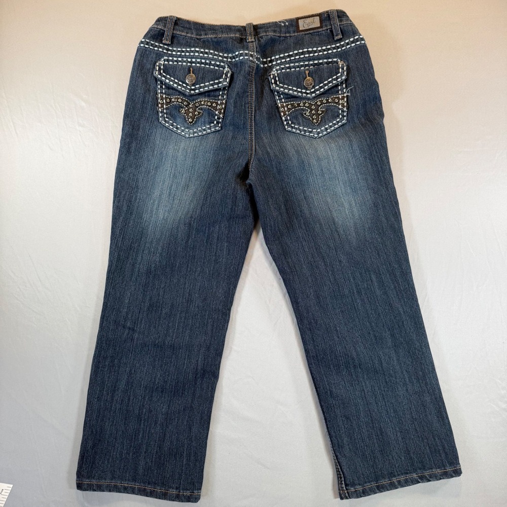 Earl Jean Womens Size 10 Dark Wash Straight Leg Cropped Embellished Blue Jeans